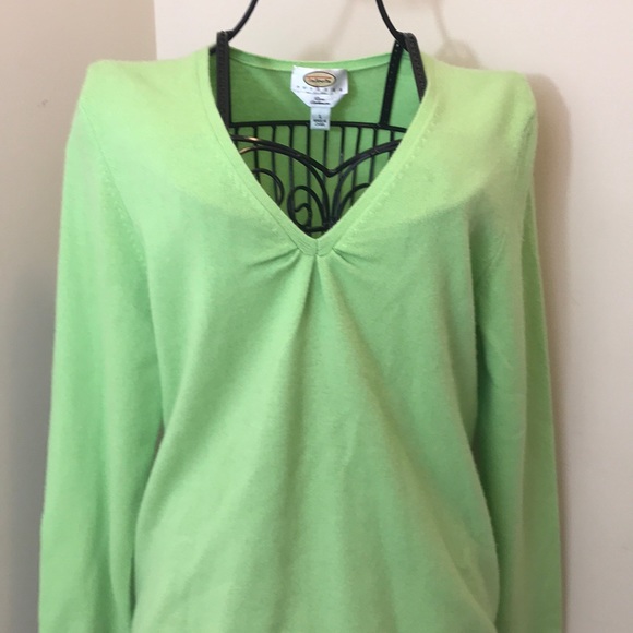 Talbots Lime Green Cashmere V-Neck Sweater Size LP - Picture 1 of 8